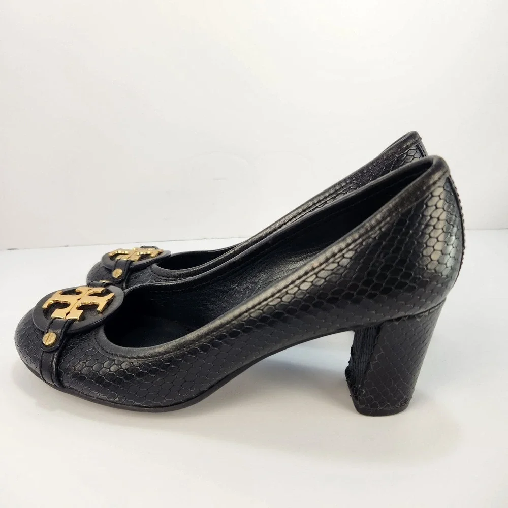 Tory Burch Janey Women's Elegant Classy Black Leather Block Heel Logo Pumps 7M